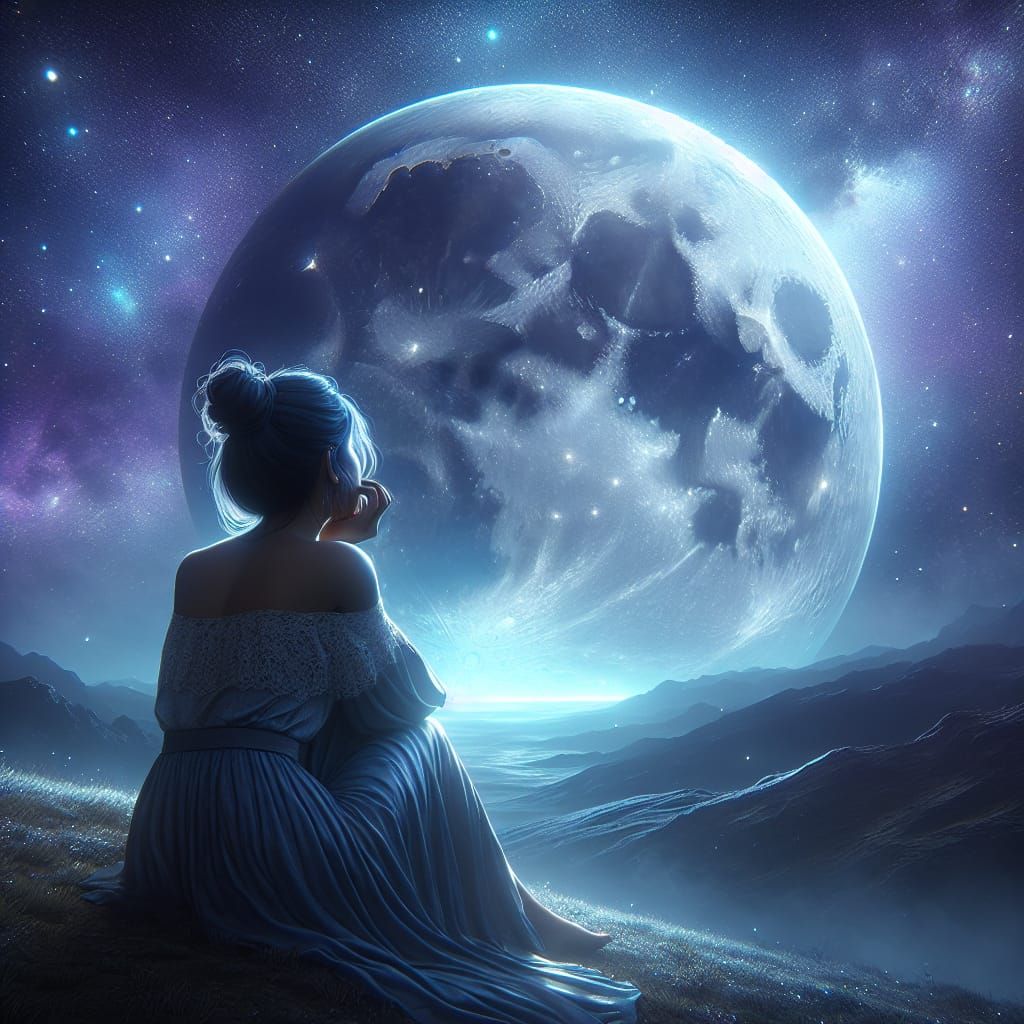 Contemplative Woman Gazing at Moonlit Sky