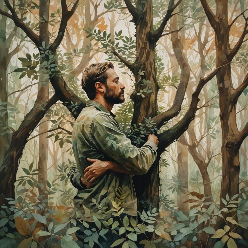 Ethereal Double Exposure: Man Embracing Nature in Gouache