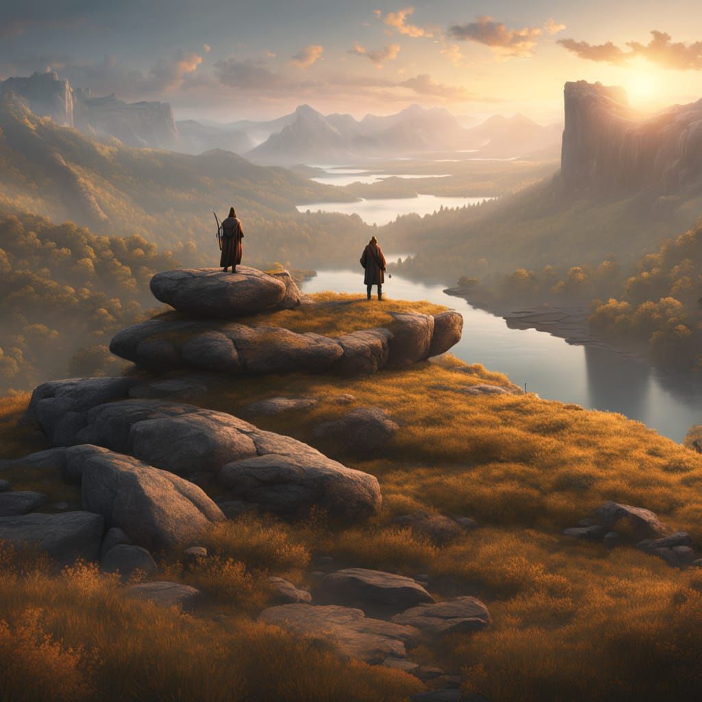Druid Overlooks Valley in Golden Light: Bierstadt Style