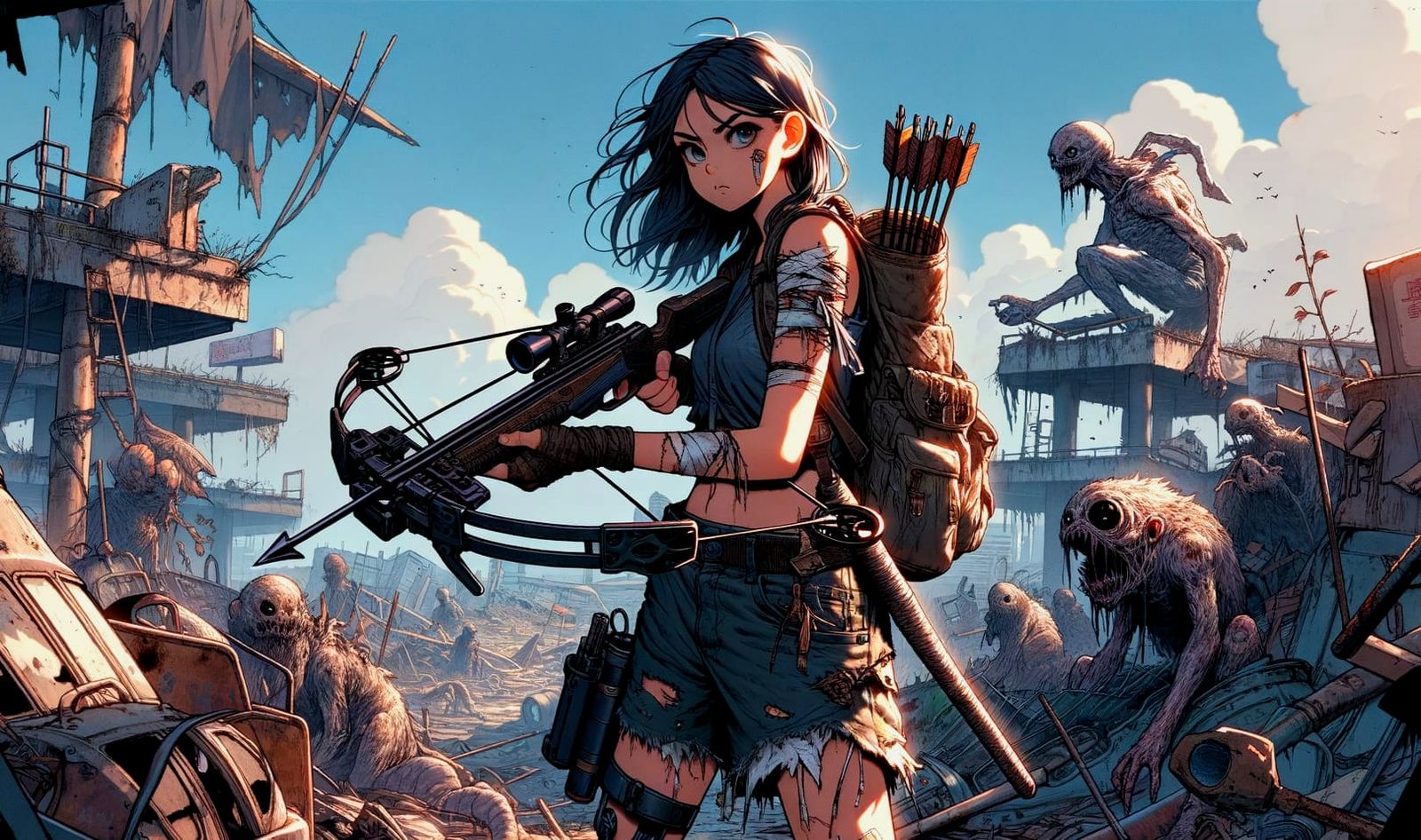 Anime-Style Apocalypse Survivor on Desolate Rooftop