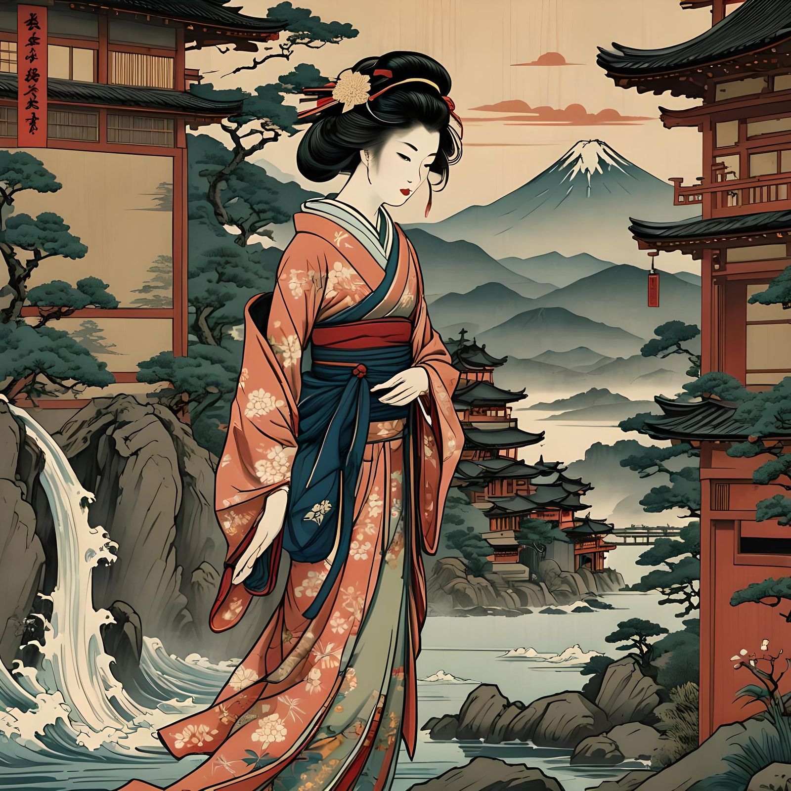 Geisha and Dragon Ukiyo-e Woodblock Prints