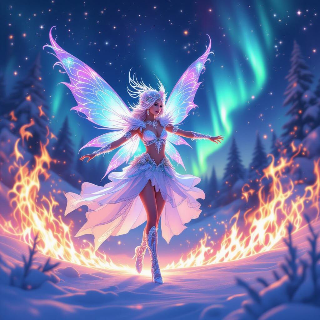Snowflake Fairy Dancing with Ice Flames in Holographic Astra...