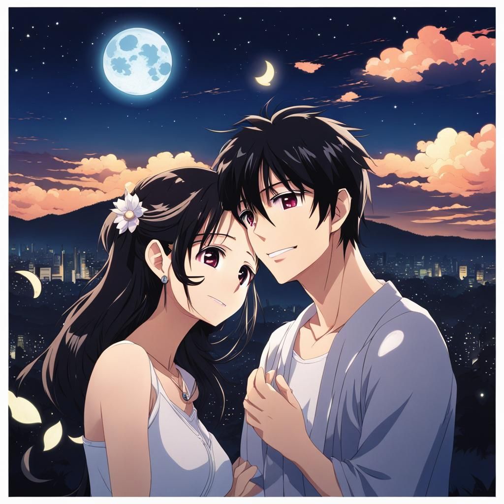 Anime Couple Smiling Under Moonlight Night