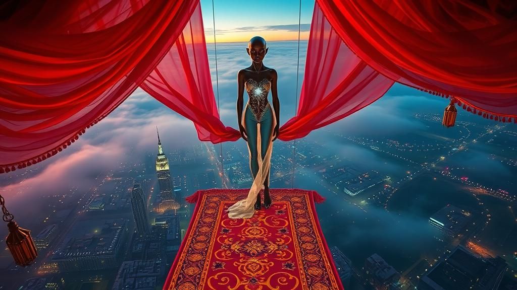 Alien Queen on Magic Carpet Above City at Twilight