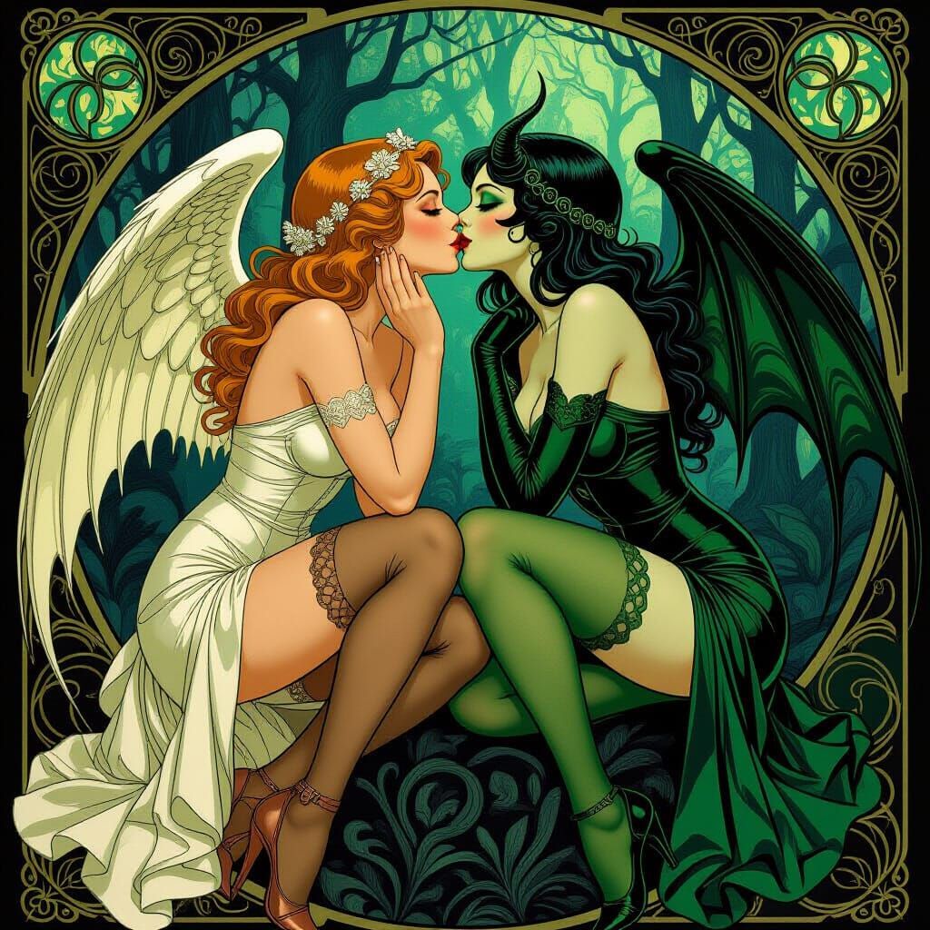 Angelic and Demonic Ladies Kiss in Dark Forest, Art Nouveau