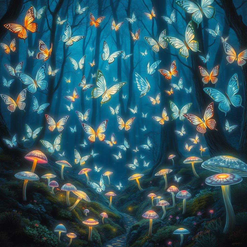 Glass Butterflies in Enchanted Twilight Forest