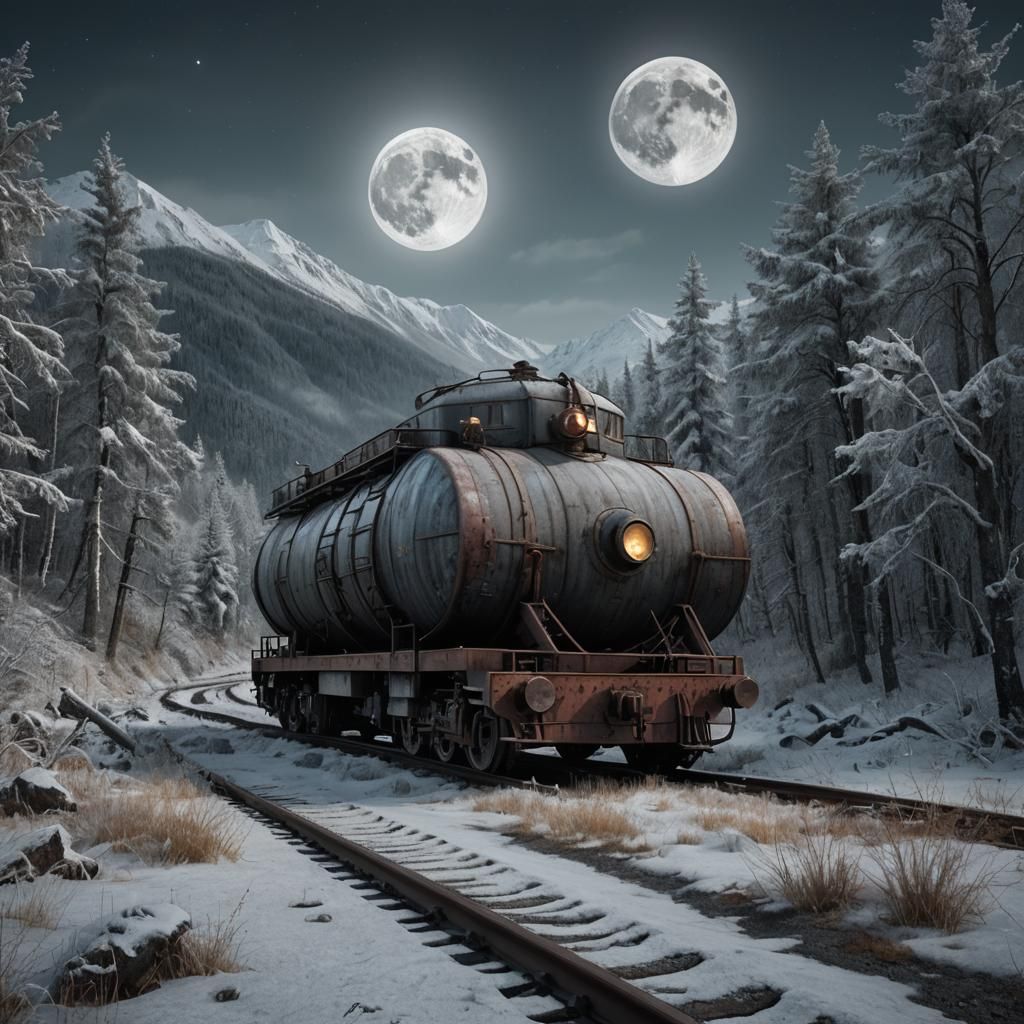 Alaskan Wilderness: Railway Tank Car Under Moonlight