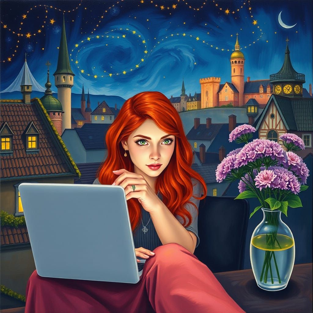 Mystical Woman Lost in Thought with Laptop and Cityscape