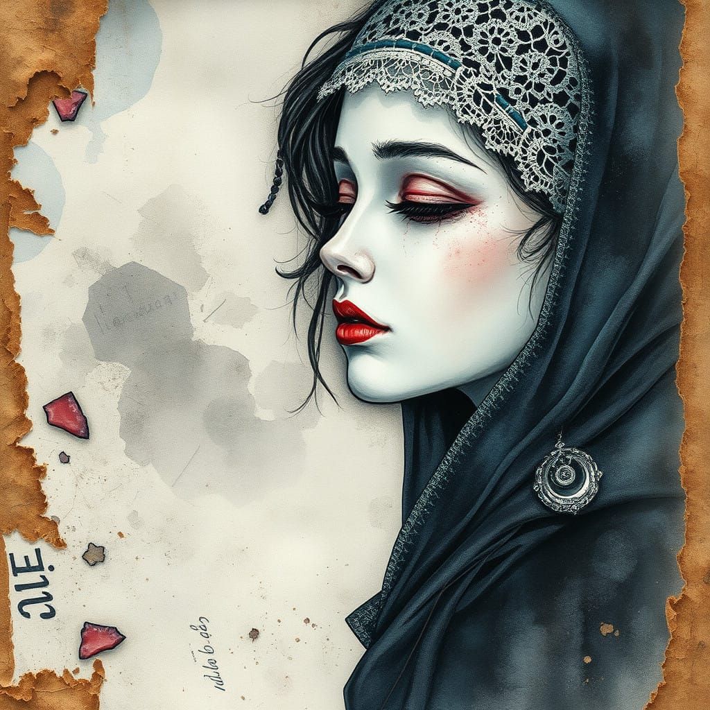 Enigmatic Woman in a Haunting Watercolor Landscape