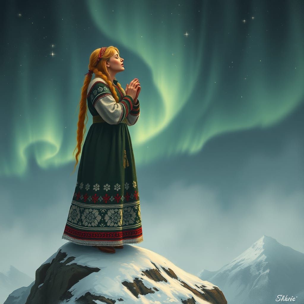 Nordic Woman Singing in Starry Night, Atmospheric Lighting