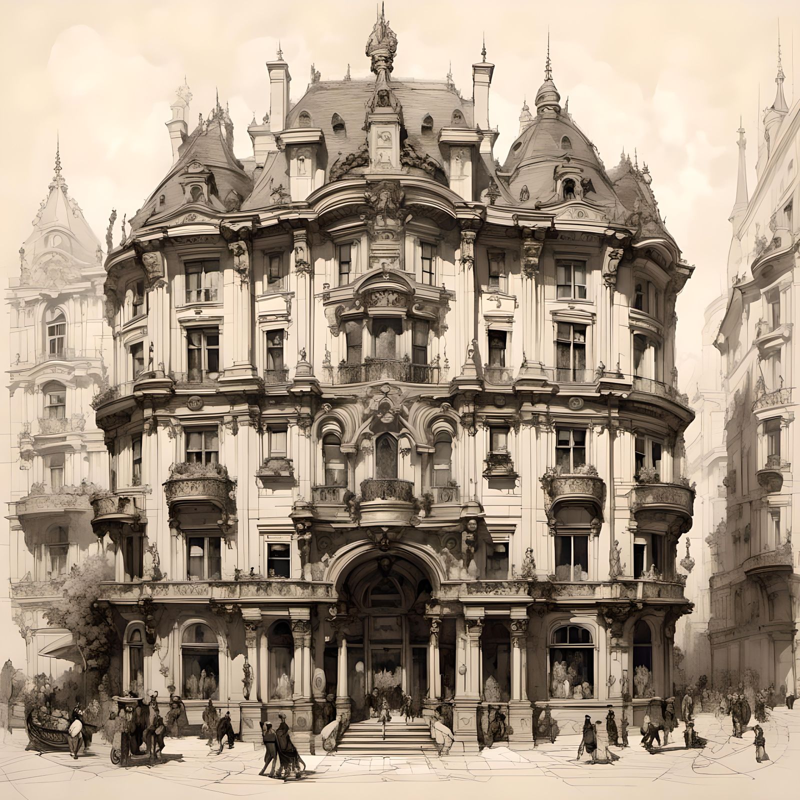 Detailed Architectural Sketch of Frankfurt in Ink