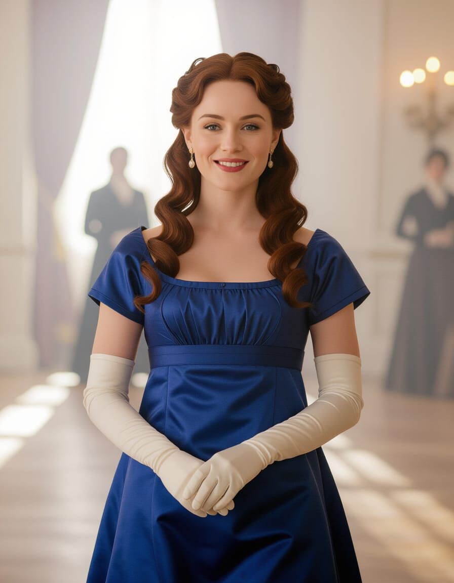 Regency Woman in Royal Blue Gown at Ballroom