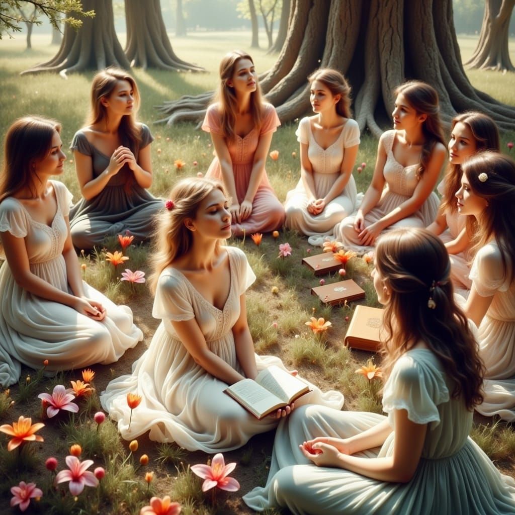 Women's Prayer Circle in Dreamy Impressionistic Style