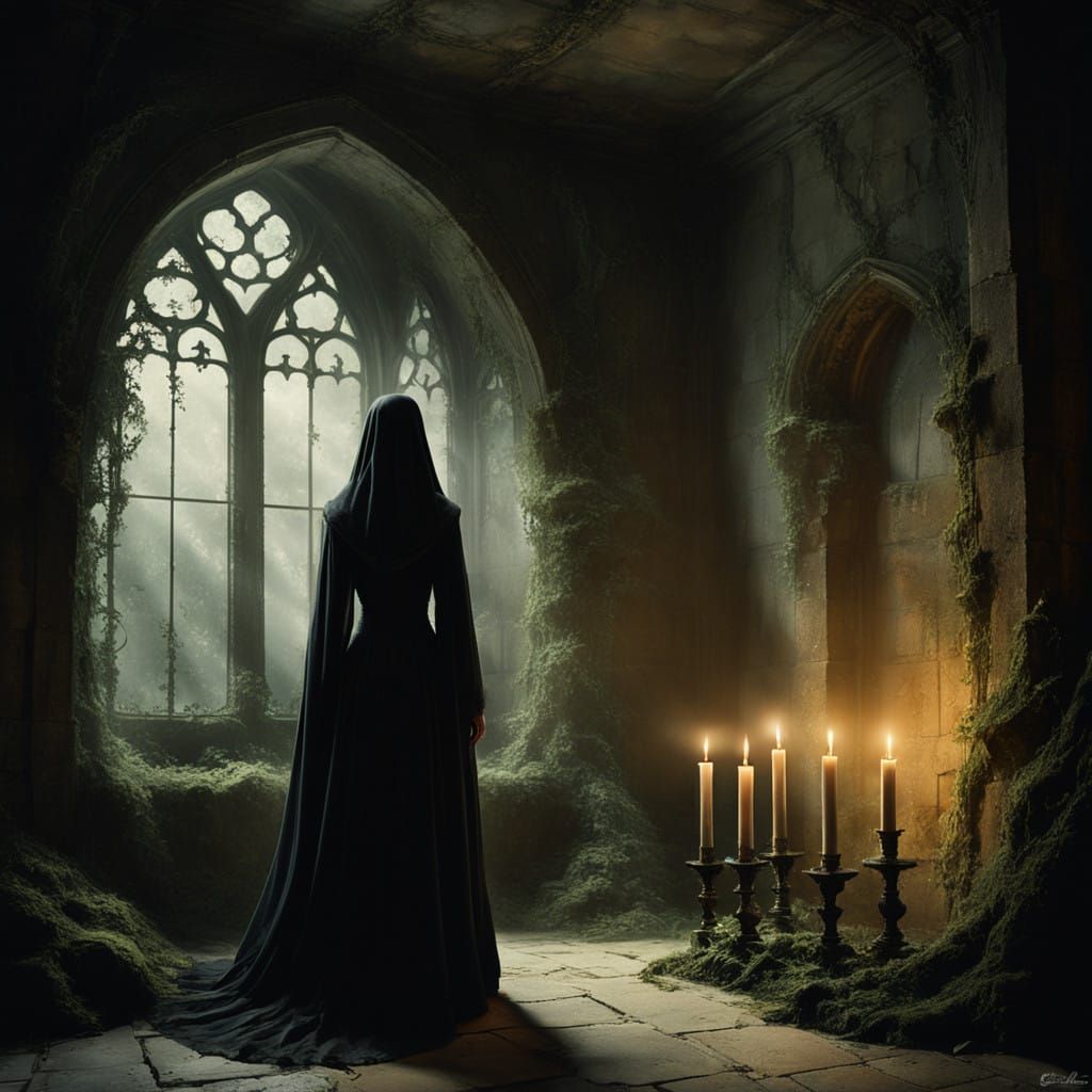 Ethereal Veiled Widow Walks Through a Crumbling Stone Chapel