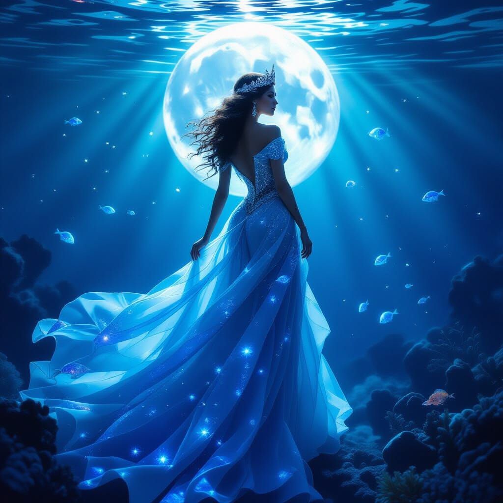 Ocean Queen in Ethereal Moonlight with Bioluminescent Sea Li...