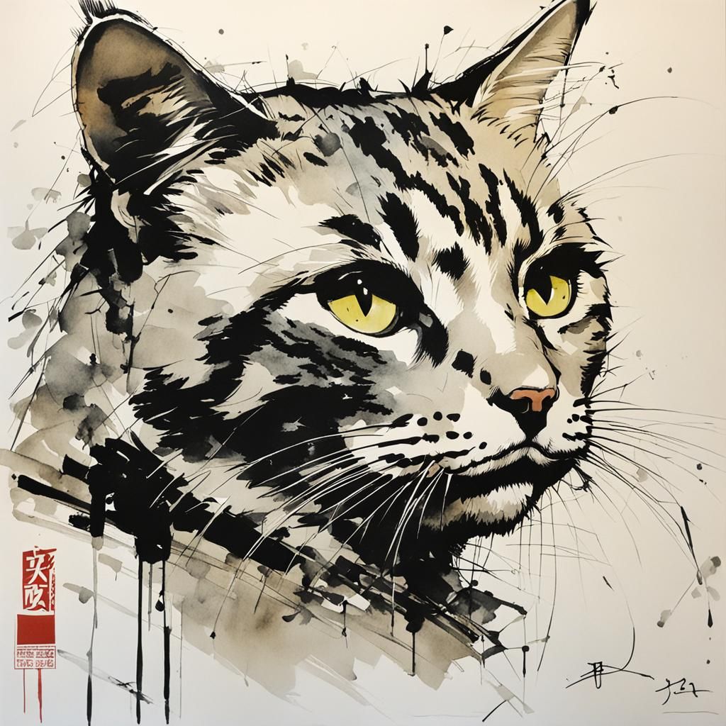 Stylized Cat Illustration in Ink Wash Style