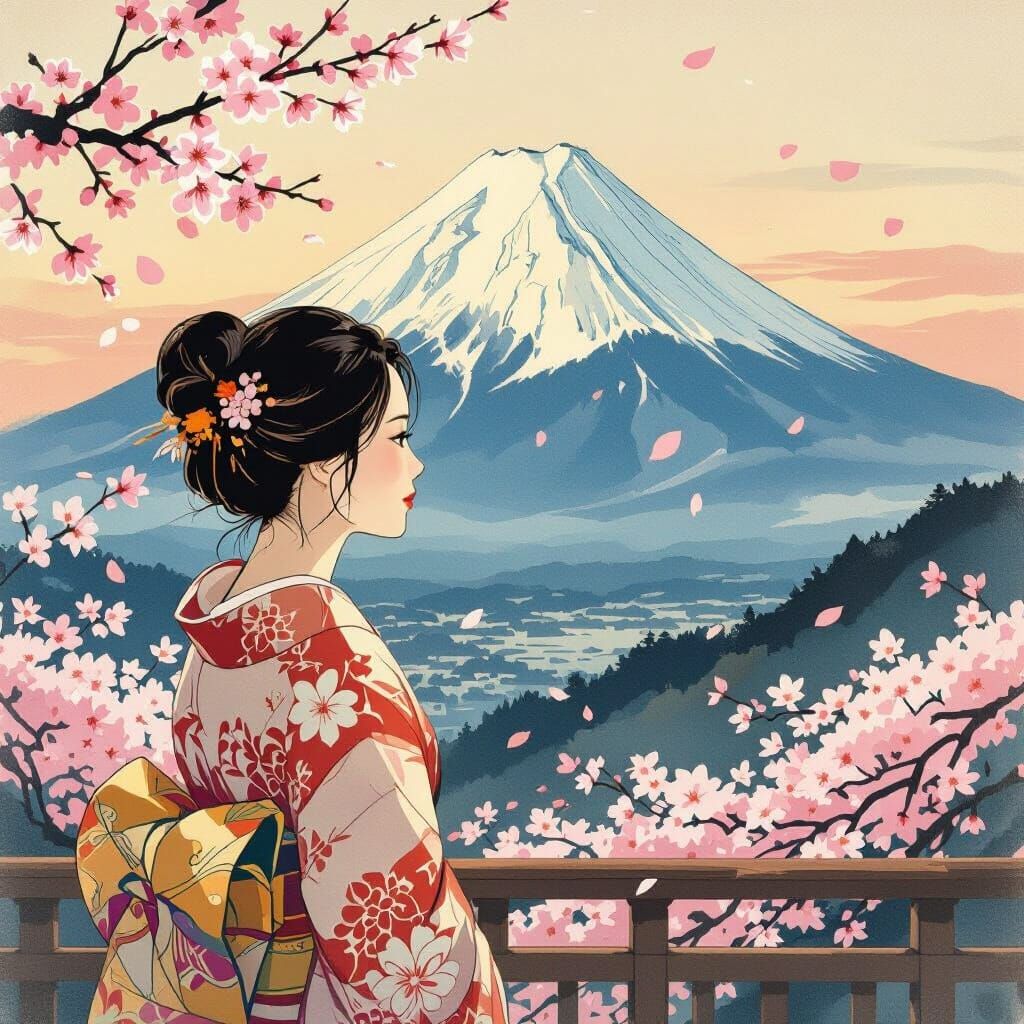 Woman Contemplates Mount Fuji at Dawn in Ukiyo-e Style