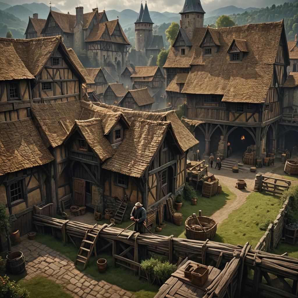 Medieval Peasant at Work in Castle Courtyard