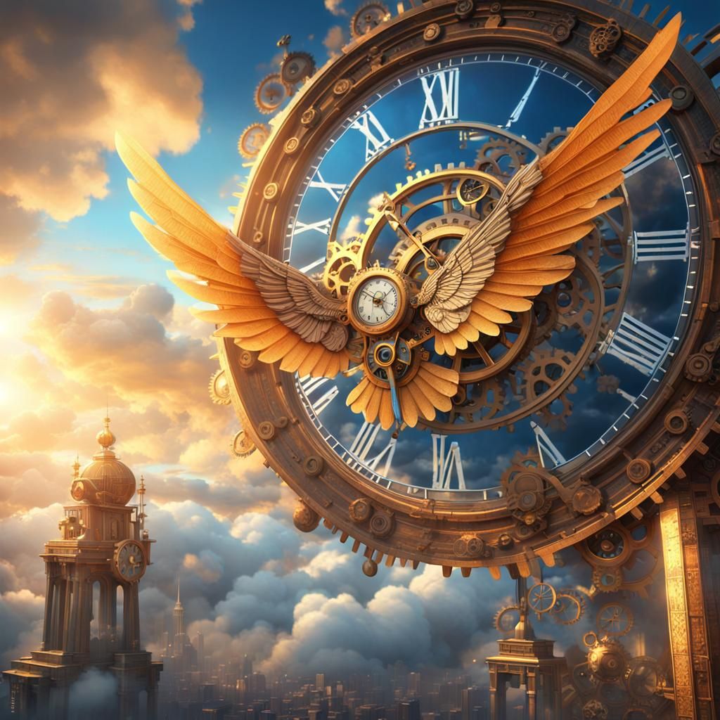 Winged Clocks Soaring in a Dreamlike Sky