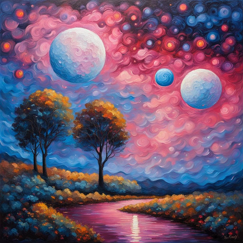 Colorful Nebula and Moons in Expressionist Oil Painting