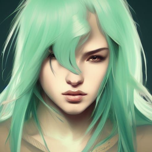 Mint Green Hair Portrait in Artstation Style