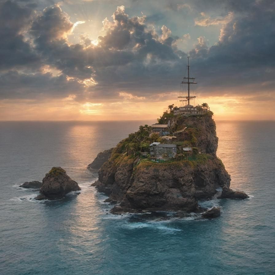 Ocean Sunrise with Island in Fantasy Seascape