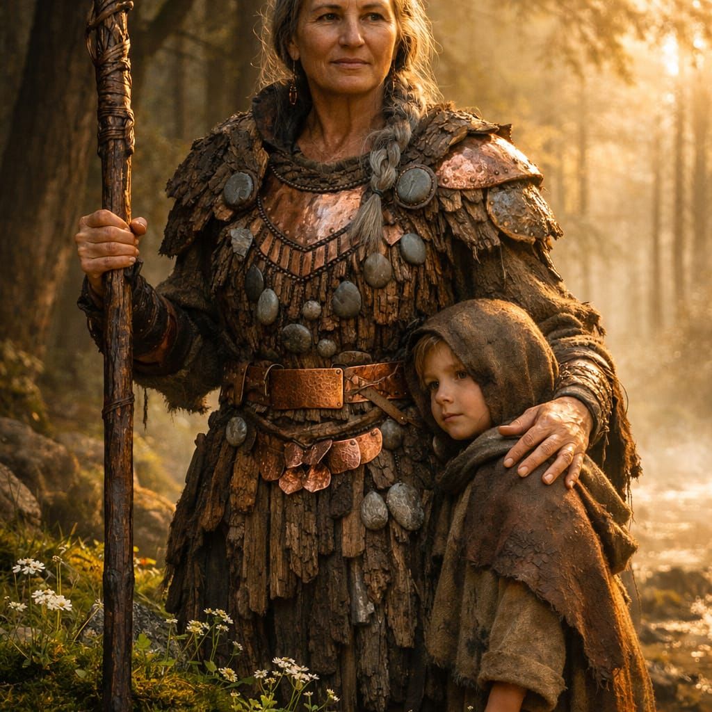 Matriarch Warrior Protects Child in Misty Forest