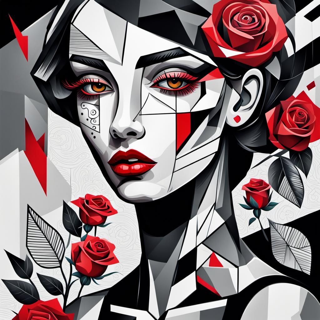 Cubist Portrait: Black and White Face with Color Tattoos