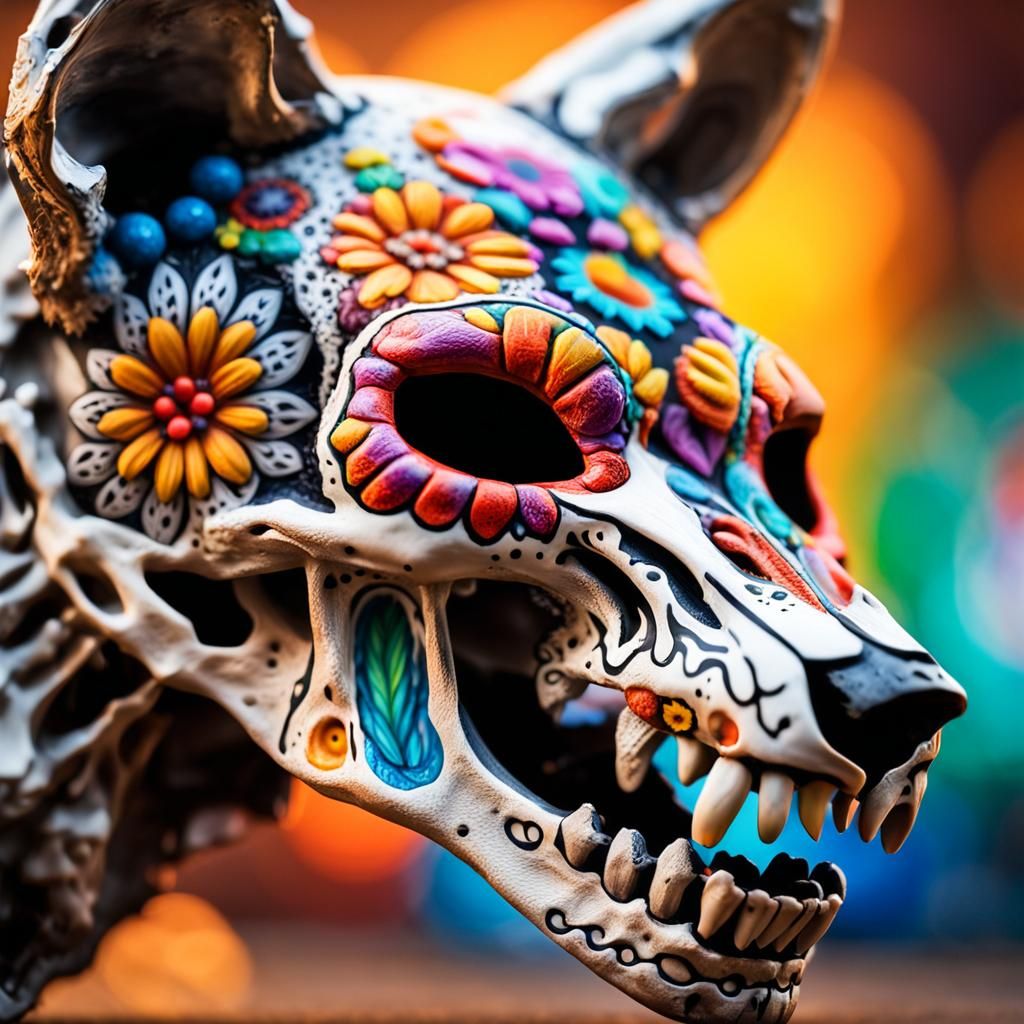 Detailed Coyote Sugar Skull in Splash Art Style