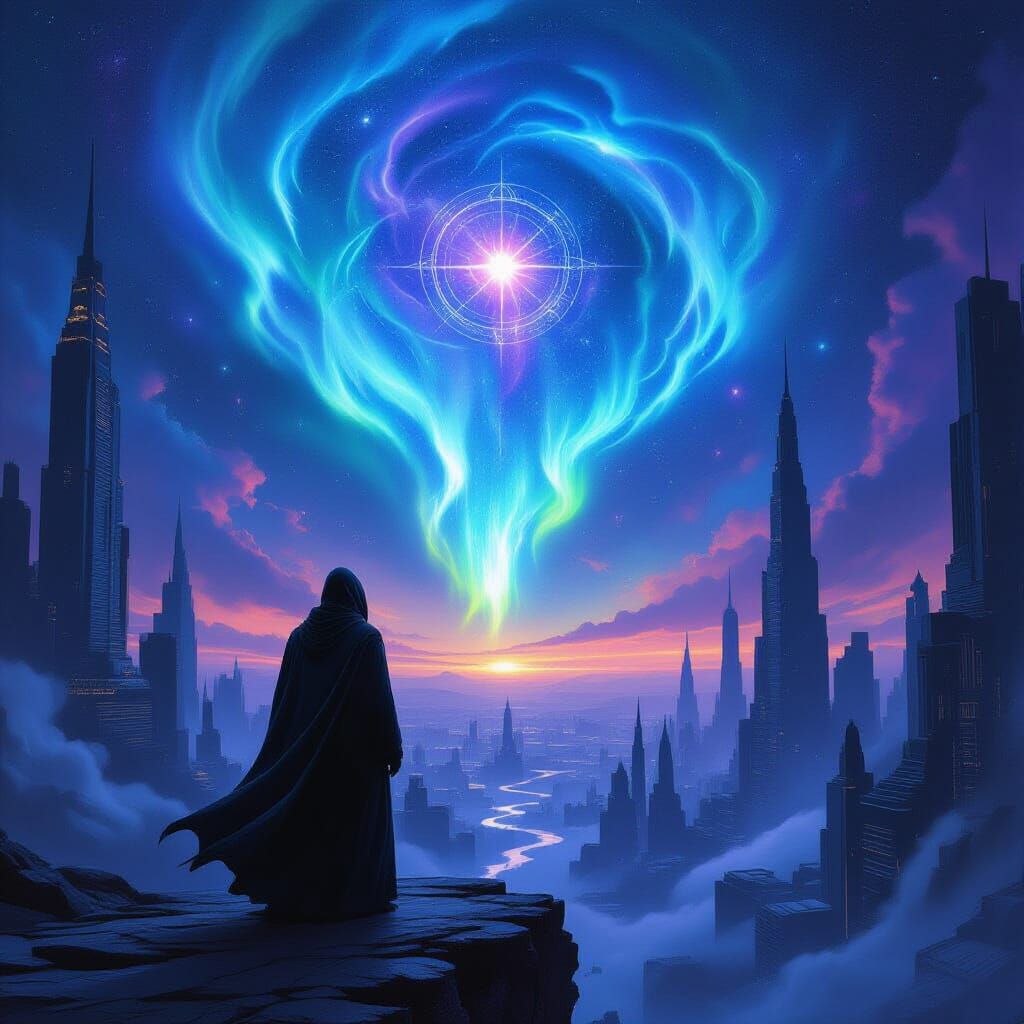 Cosmic Aurora Over Alien City in Surrealist Style