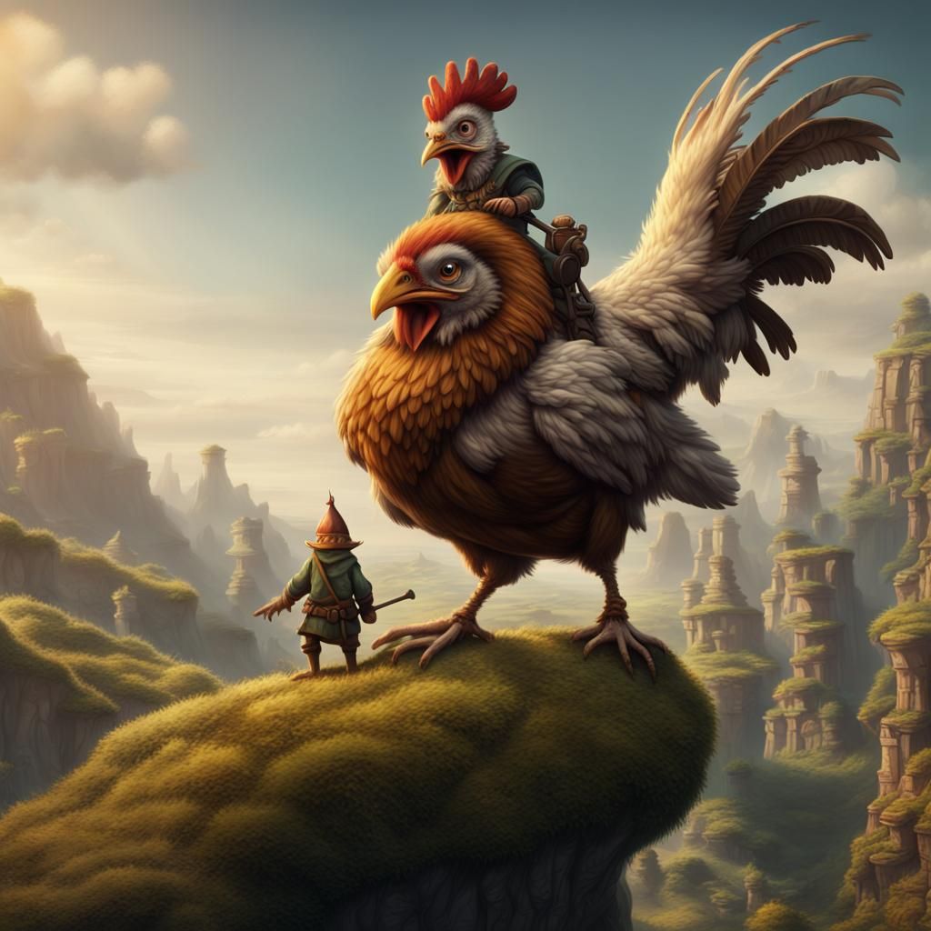 Goblin Rides Giant Chicken in High Fantasy World