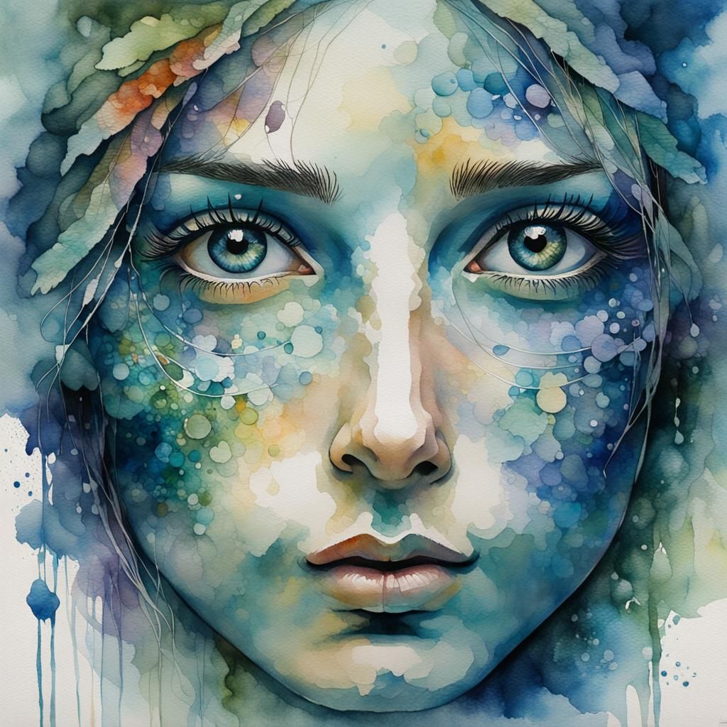 Watercolor Face in Misty Landscape Art