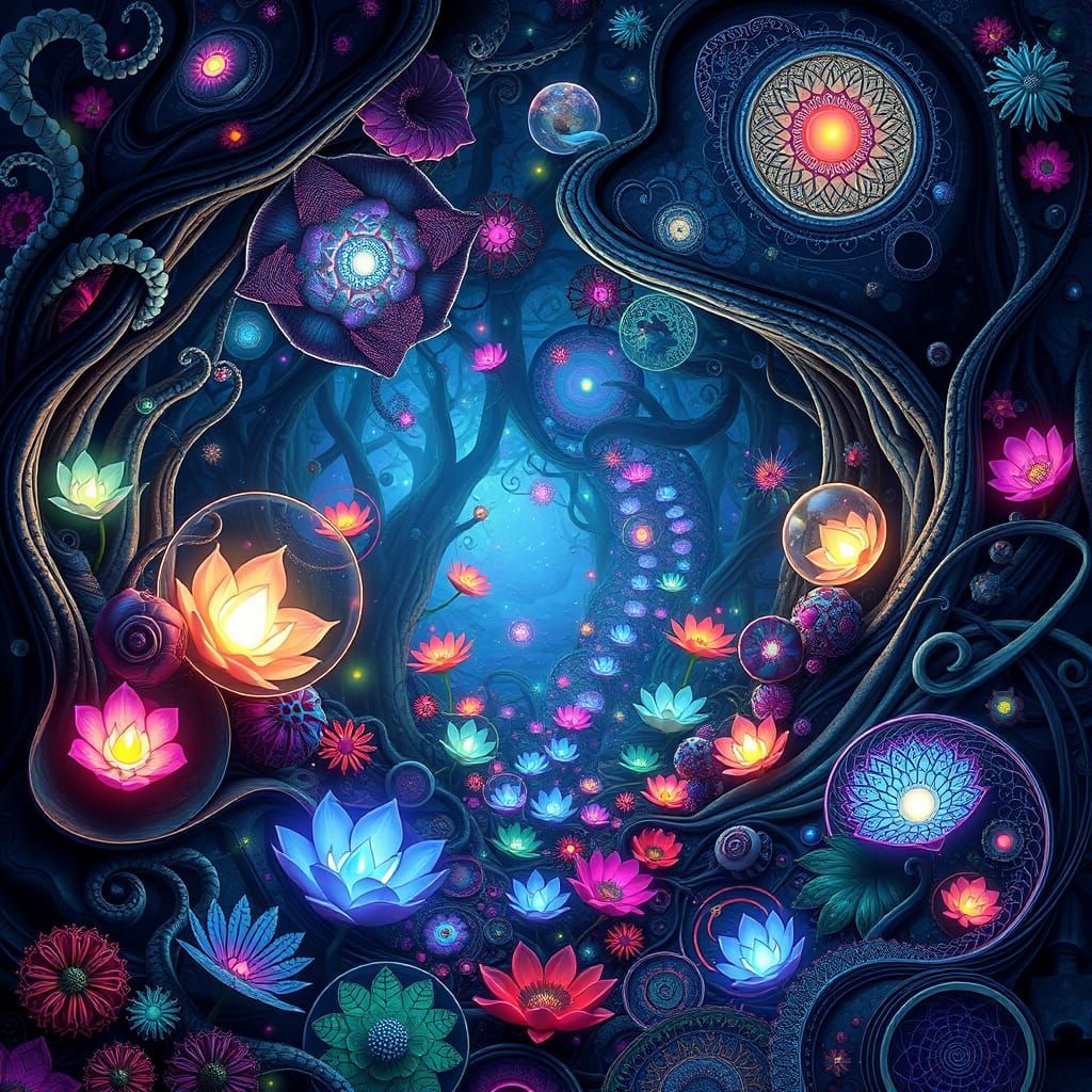 Luminescent Forest with Iridescent Flora and Mythical Creatu...