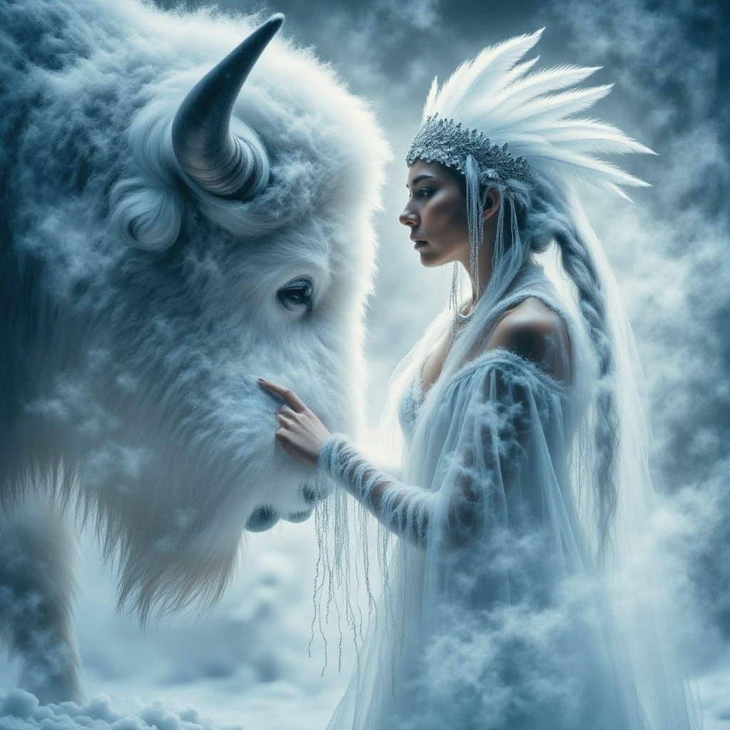 Ethereal Native Woman and Spirit Bison in Snowy Blizzard
