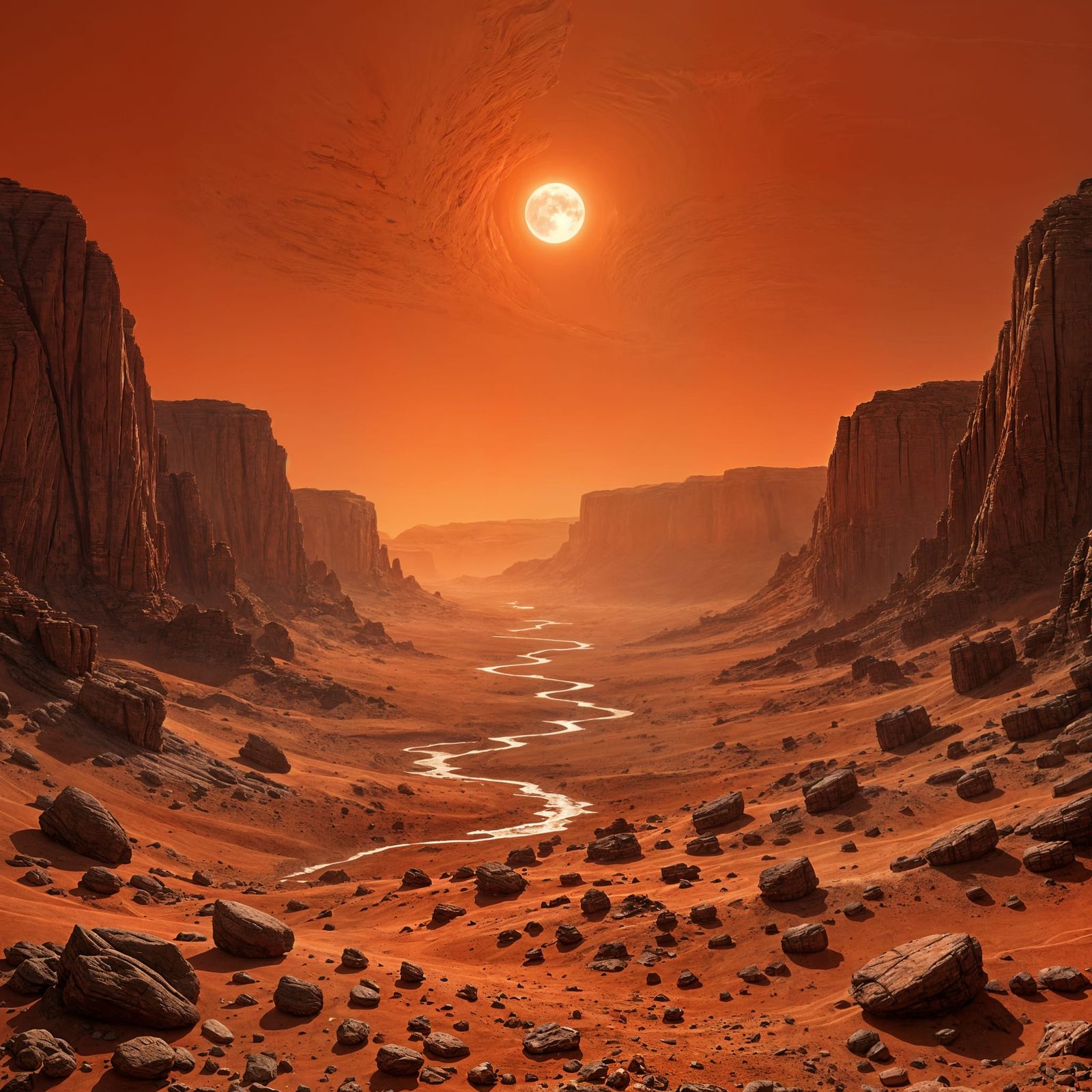 Deep Martian Canyon with Phobos in Red Sky