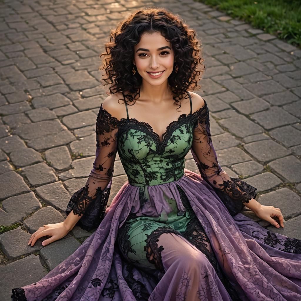 Beautiful Young Woman with Light Particles and Lace Dress