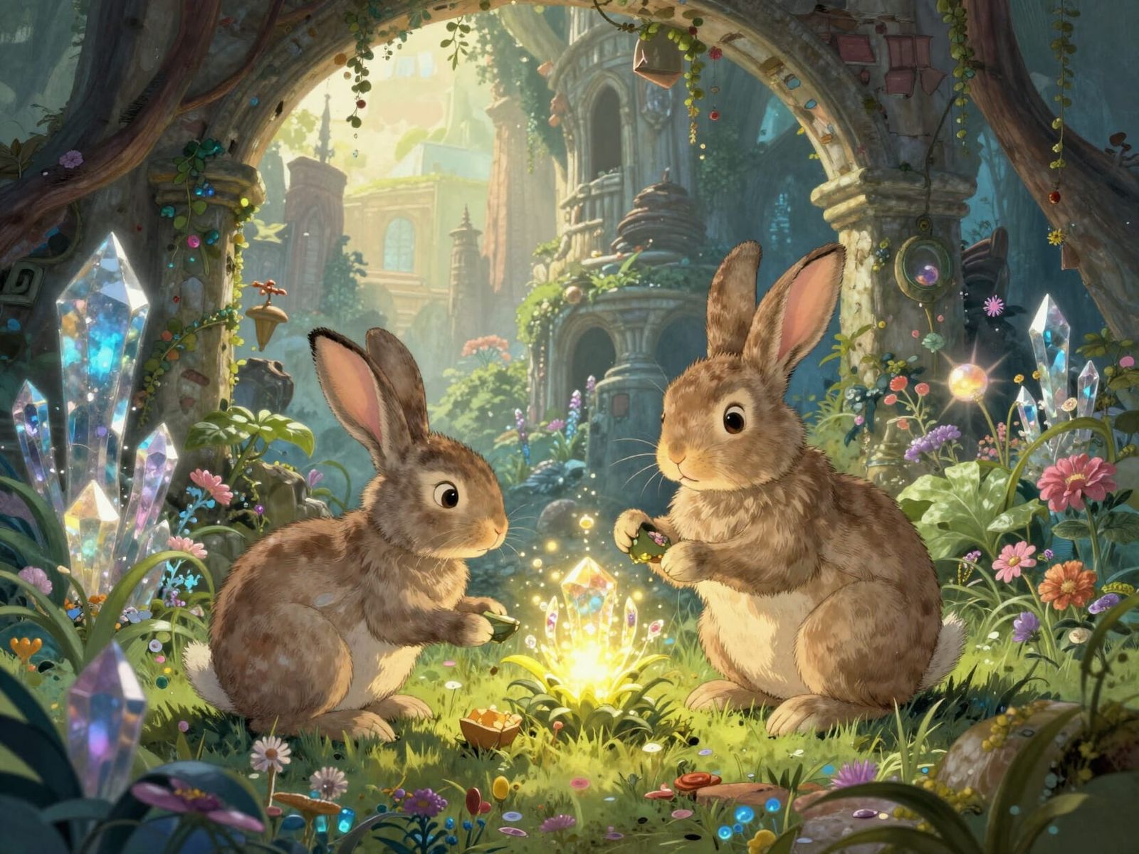 Whimsical Rabbits Tending Crystal Garden in Ancient Ruins