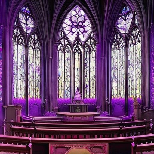 Ethereal gothic chapel with beautiful purple Stain glass windows& ethereal vibes& gothic vibes& dark fantasy vibes& colo...