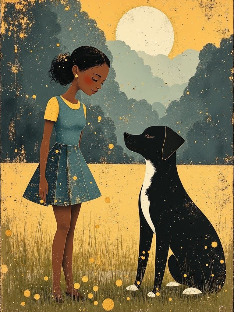 1940s Woman Plays with Puppy: Oil Painting Style