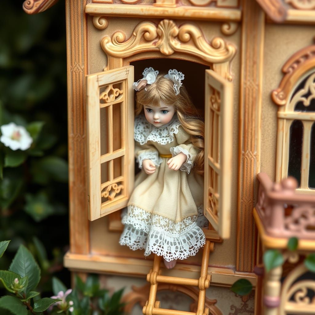 Victorian-Era Dollhouse Scene with Climbing Porcelain Doll