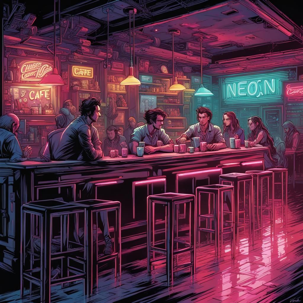 Neon Night Cafe in Comic Book Art Style