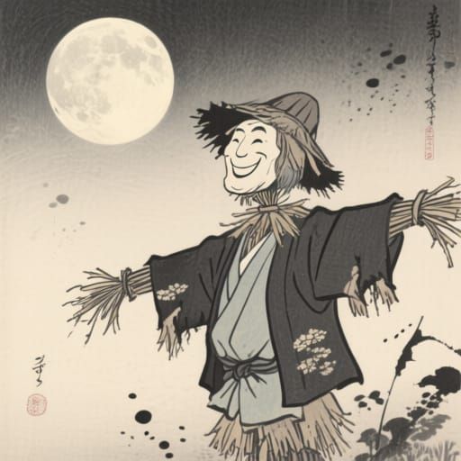 Scarecrow Smiles at Moon in Ukiyo-e Style