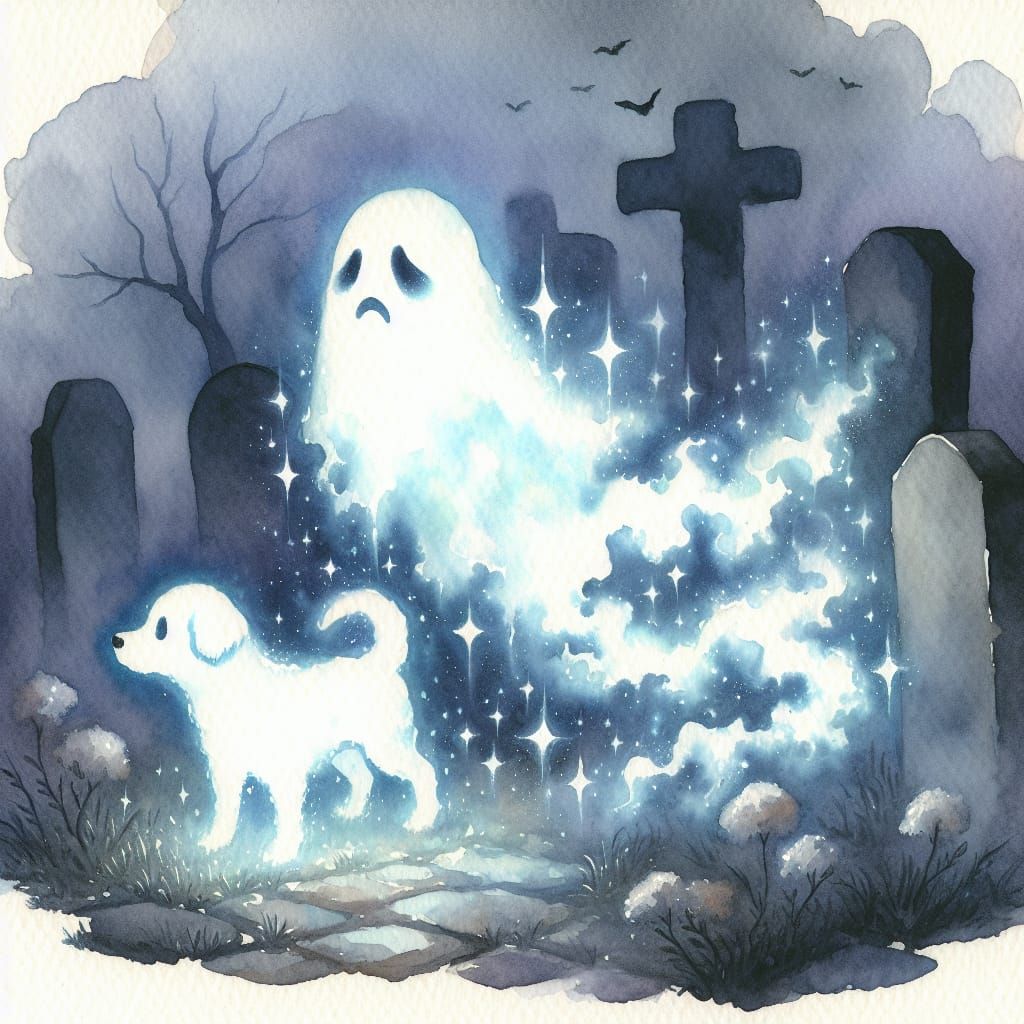 Ethereal Ghost and Dog in Graveyard Watercolor