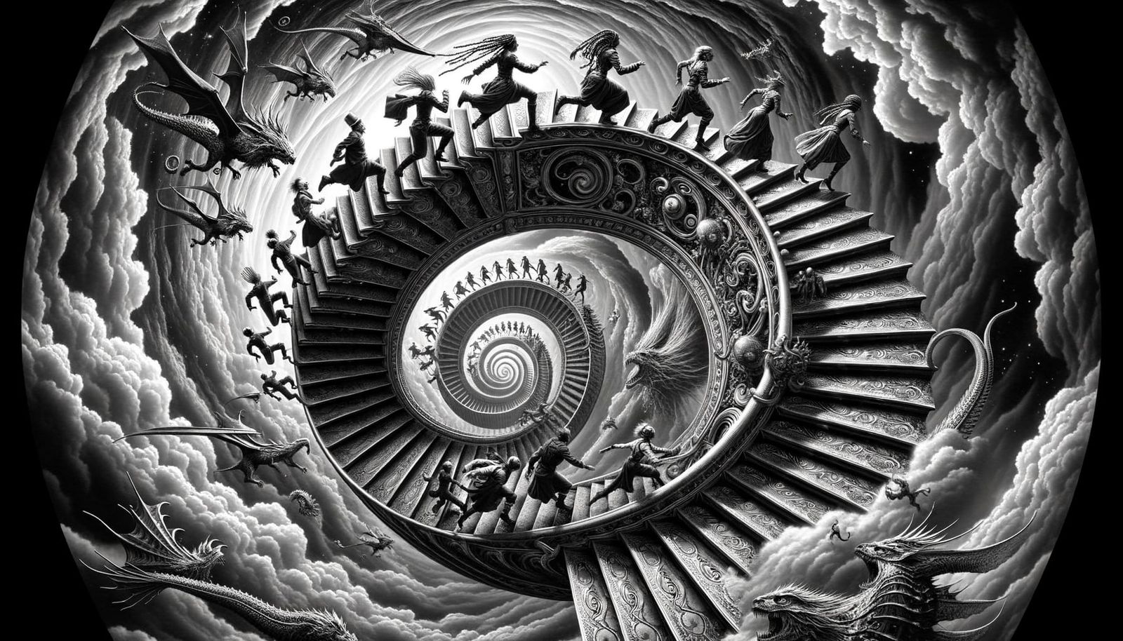 Helical Stairs Connecting Mirror Universes in Black and Whit...