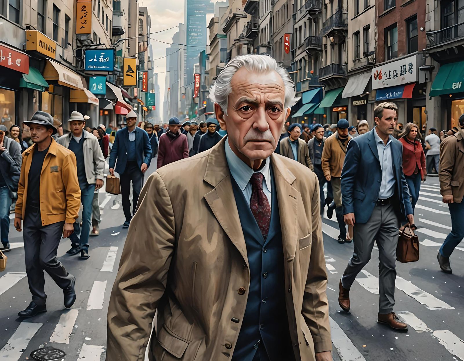 Colorful City Scene with Confused Old Man