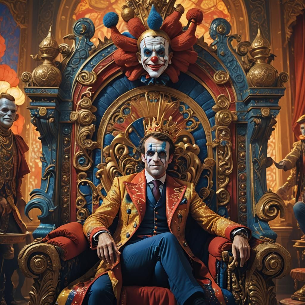 Macron as Colorful Clown on Ornate Throne