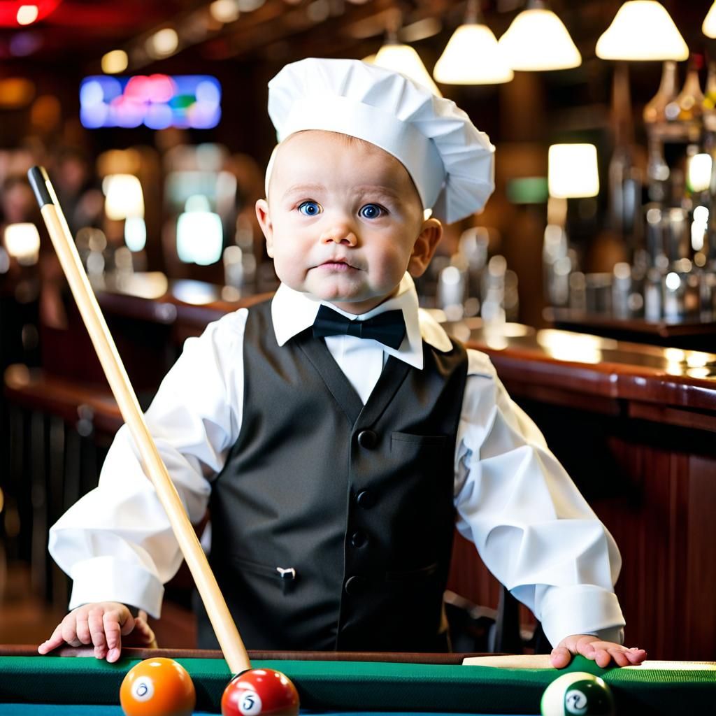 Baby Bartender with Pool Cue at Billiards Table