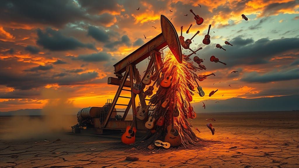 Surreal Oil Rig Erupts with Vibrant Guitars in a Dramatic Su...