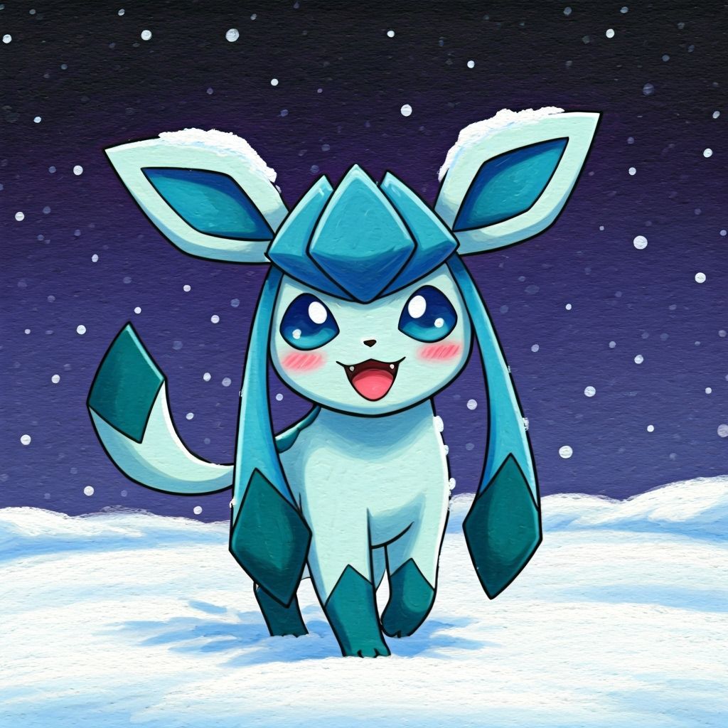 Chibi Glaceon in Snowy Night Sky, Crayon Art