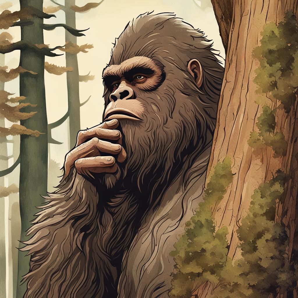 A shy but friendly Sasquatch peers from behind a tree trunk